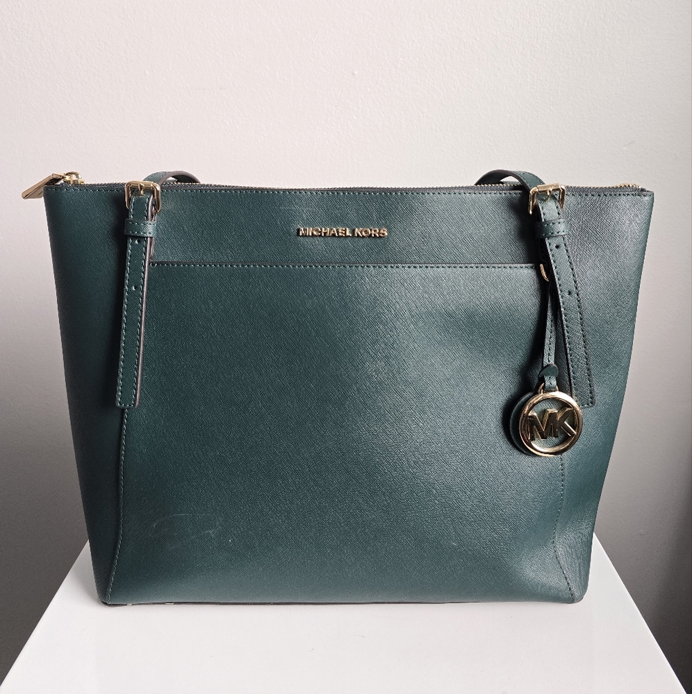 New Michael Kors Voyager Large Leather Top Zip Tote Bag Racing Green